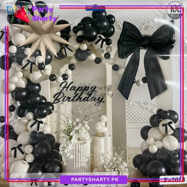 100pcs Black & Sand White Balloons with Black Bow Garland Set For Party Decoration & Celebration