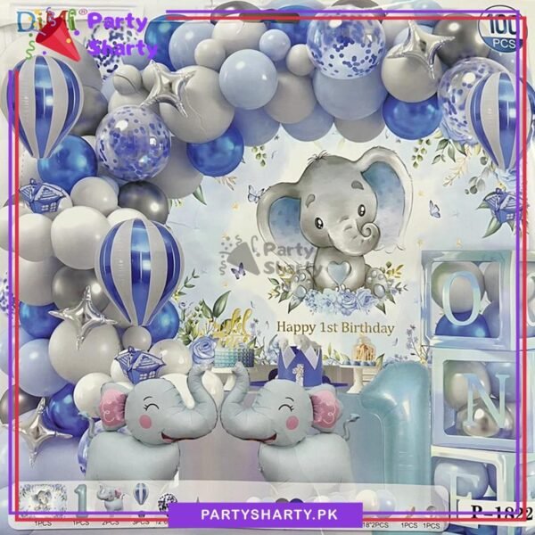 100pcs Happy First Birthday Blue Elephant With Hot Air Foil Balloons Theme Set For 1st Birthday Party Decoration & Celebration