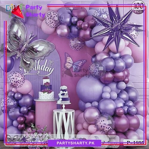 100pcsButterflyRoseGoldWithPurpleMetallicBalloonsGarlandSetForButterflyThemedPartyDecoration_Celebration.jpg 100pcs Baby Pink, Lilac, Metallic Pink & Purple with Butterfly Foil Balloons Garland Set For Butterfly Themed Party Decoration & Celebration