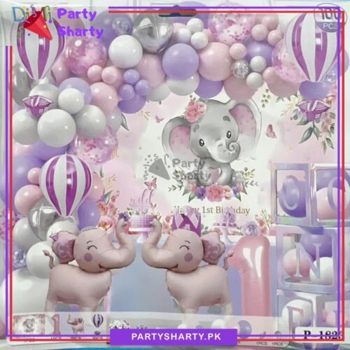100pcsPinkFirstBirthdayElephantWithHotAirFoilBalloonsThemeSetForBirthdayPartyDecoration_Celebration.jpg 100pcs Happy First Birthday Pink Elephant With Hot Air Foil Balloons Theme Set For 1st Birthday Party Decoration & Celebration