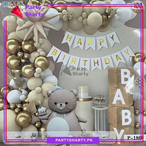 100pcs White Happy Birthday with Teddy Bear Foil Theme Set for Teddy Bear Theme Party Decorations