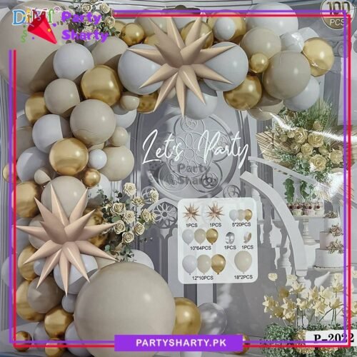 100pcs White, Metallic Gold & Sand White Balloons Garland Kit for Theme Party Decorations