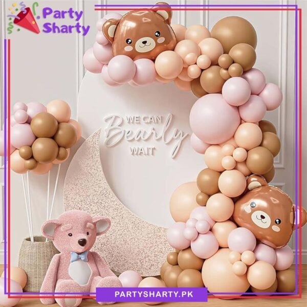 100pcs Baby Pink, Apricot & Mocha Brown with Teddy Bear Head Foil Balloons Garland Theme Set For Party Decoration And Celebration