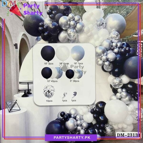 100pcs Metallic Silver, White & Black Balloon Garland Arch Kit For Party Event Decoration
