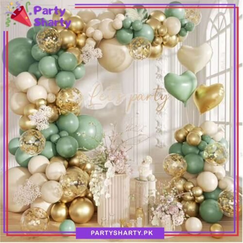 100pcs Sage Green, Sand White & Metallic Golden Balloons Garland Kit for Theme Party Decorations