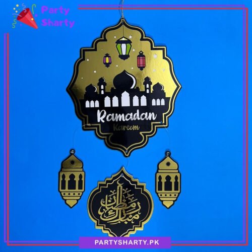 18inches Golden & Black Ramadan Kareem with Lantern Cutout Cardboard Hanging For Ramadan Decoration