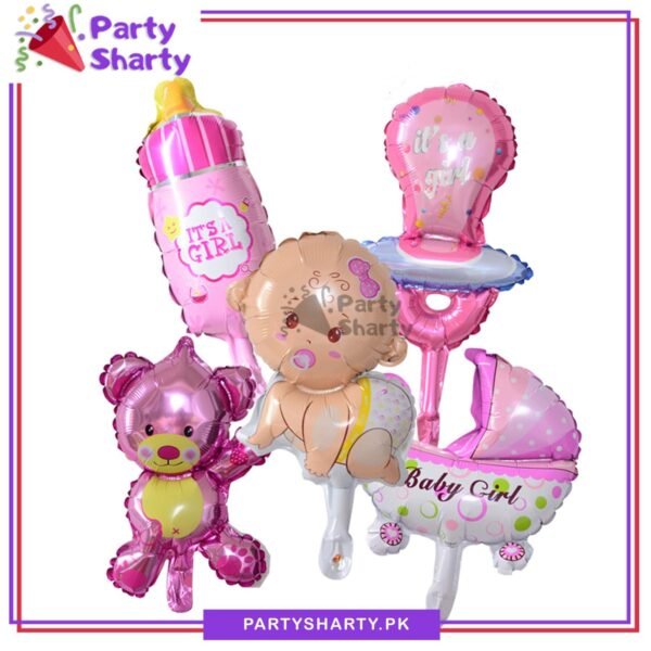 5pcs/set Crawling Baby Girl With Bear, Feeder & Baby Cart Foil Balloons Set for Baby Shower & Welcome Baby Decoration & Celebration