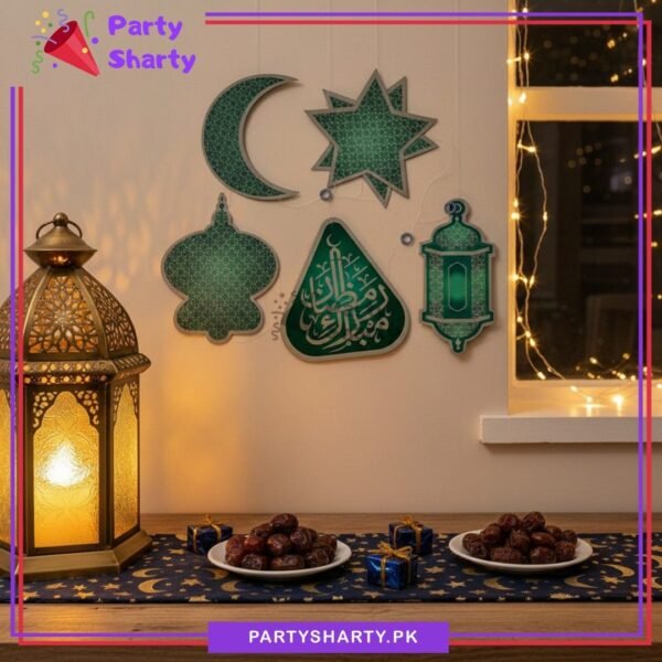 6pcs/Set Green Ramadan Mubarak Lantern, Moon & Stars Hanging For Ramadan Kareem Decoration