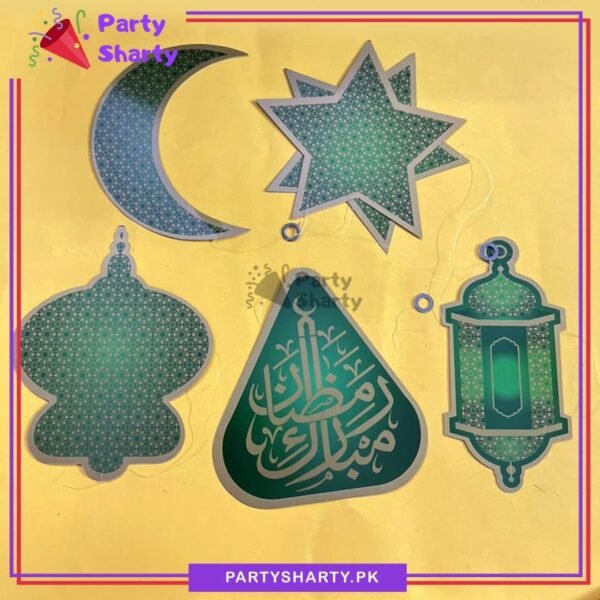 6pcs/Set Green Ramadan Mubarak Lantern, Moon & Stars Hanging For Ramadan Kareem Decoration