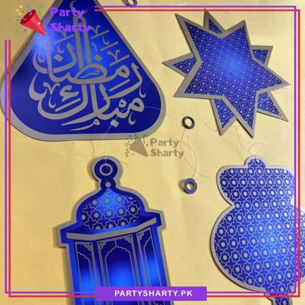 6pcs/Set Blue Ramadan Mubarak Lantern, Moon & Stars Hanging For Ramadan Kareem Decoration