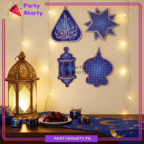 6pcs/Set Blue Ramadan Mubarak Lantern, Moon & Stars Hanging For Ramadan Kareem Decoration