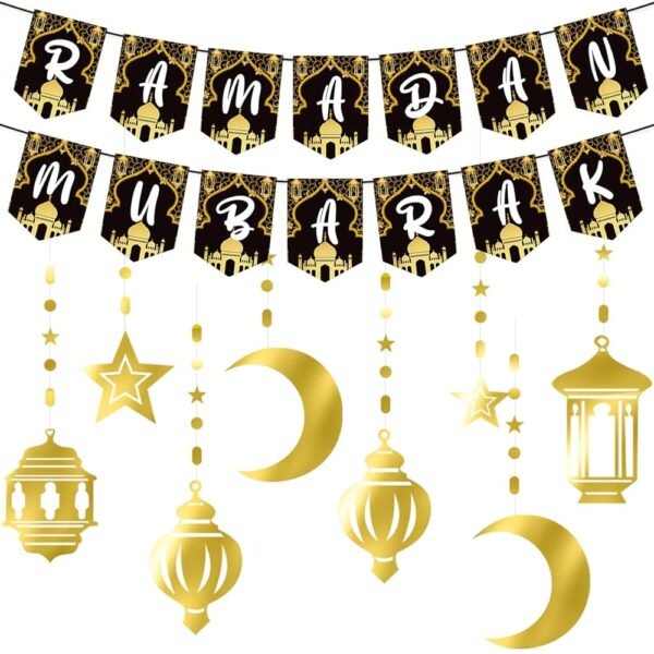 Crescent Moon & Star Printed Black & Gold Color Ramadan Kareem Flags Pack of 10 For Ramadan Decoration