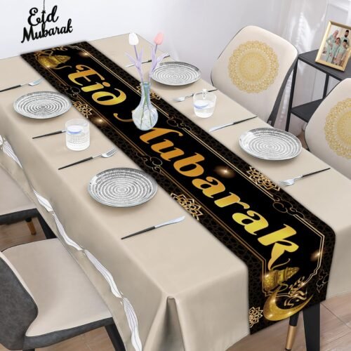 81Z5YKWYcCL 180x35cms Golden & White Eid Mubarak Table Runner For Eid Decoration & Celebration