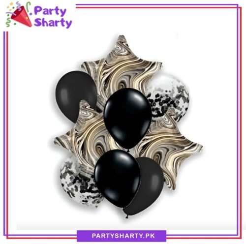 9pcs/set Black Marble Print Stars Foil with Balloons For Birthday Party Decoration