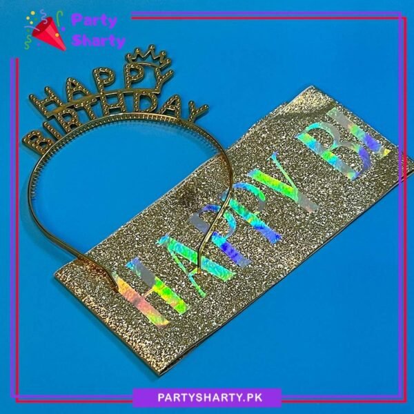 Mini Crown Birthday Girl Shiny Plastic Rhinestones Hairband With Sash for Birthday Event & Celebration - Golden