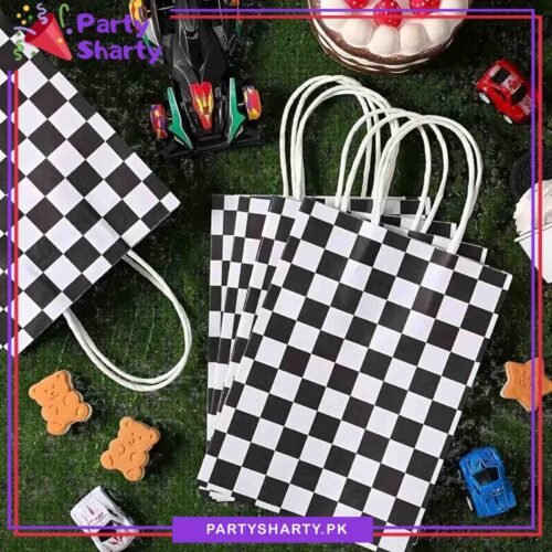 Black Checker Print Paper Bags Pack of 6 For Too Fast / Racing Car Theme Birthday Celebration