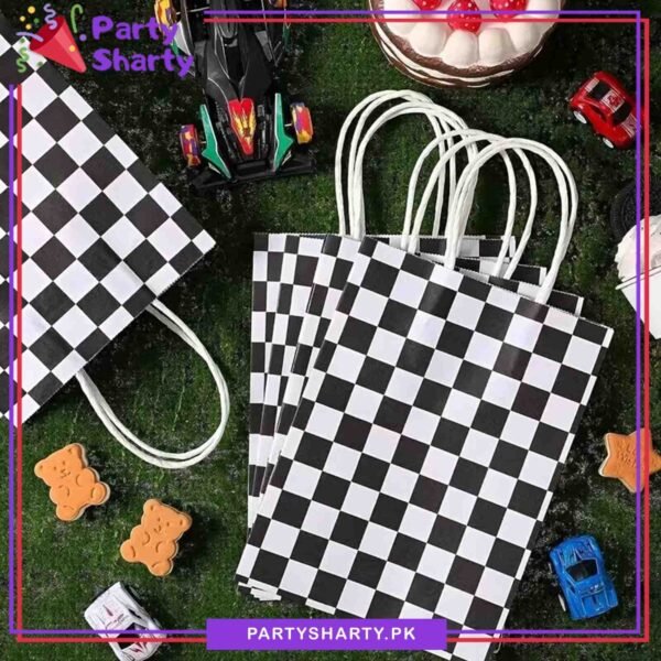 Black Checker Print Paper Bags Pack of 6 For Too Fast / Racing Car Theme Birthday Celebration