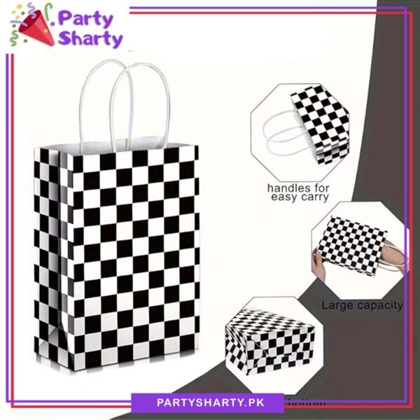 Black Checker Print Paper Bags Pack of 6 For Too Fast / Racing Car Theme Birthday Celebration