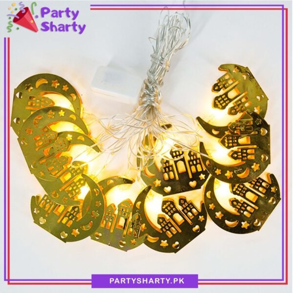 Electric Operated Golden Crescent With Masjid Shaped Metal LED String Lights For Ramadan Festival and Celebration