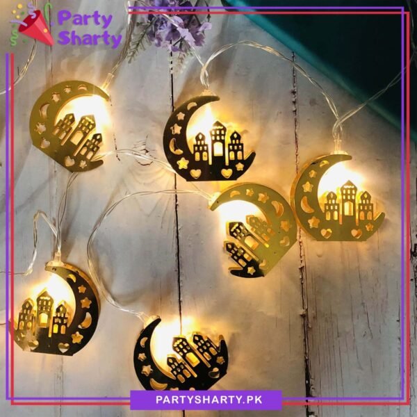 Electric Operated Golden Crescent With Masjid Shaped Metal LED String Lights For Ramadan Festival and Celebration