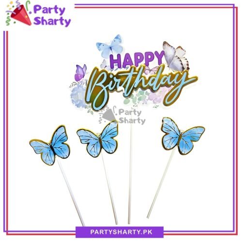 4pcs/set Blue with Golden Foil Print Butterfly Theme Happy Birthday Cake Toppers For Cake Decoration