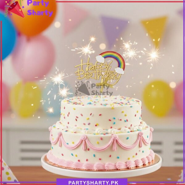 Happy Birthday With Cloud Rainbow Printed Golden Plastic Cake Topper For Birthday Party Celebration & Decoration