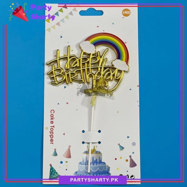 Happy Birthday With Cloud Rainbow Printed Golden Plastic Cake Topper For Birthday Party Celebration & Decoration