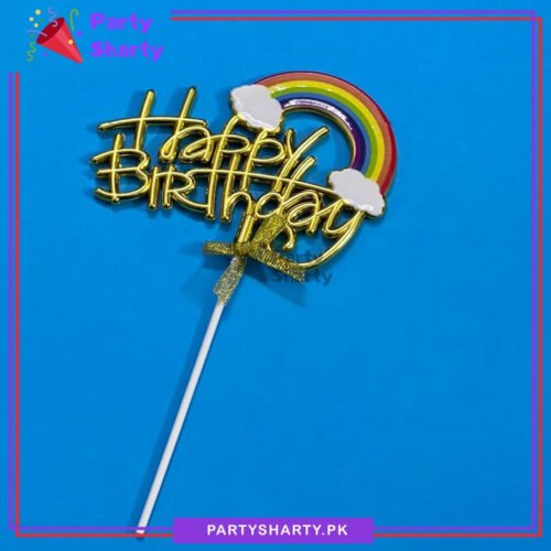 Happy Birthday With Cloud Rainbow Printed Golden Plastic Cake Topper For Birthday Party Celebration & Decoration