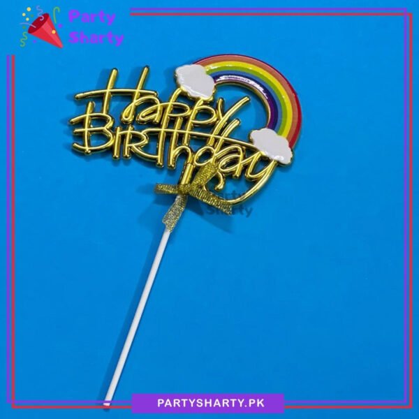Happy Birthday With Cloud Rainbow Printed Golden Plastic Cake Topper For Birthday Party Celebration & Decoration