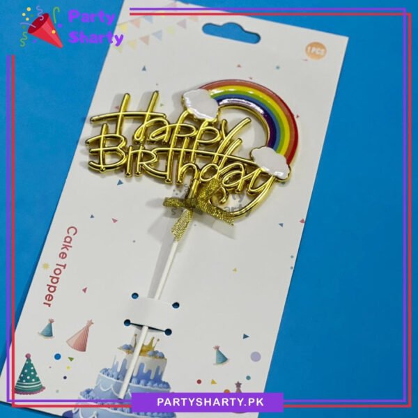 Happy Birthday With Cloud Rainbow Printed Golden Plastic Cake Topper For Birthday Party Celebration & Decoration