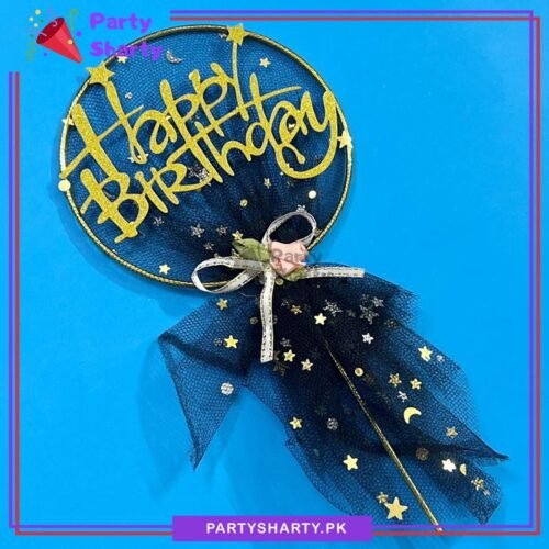 Happy Birthday Metal With Black Net Cake Topper For Birthday Theme Based Cake Celebration