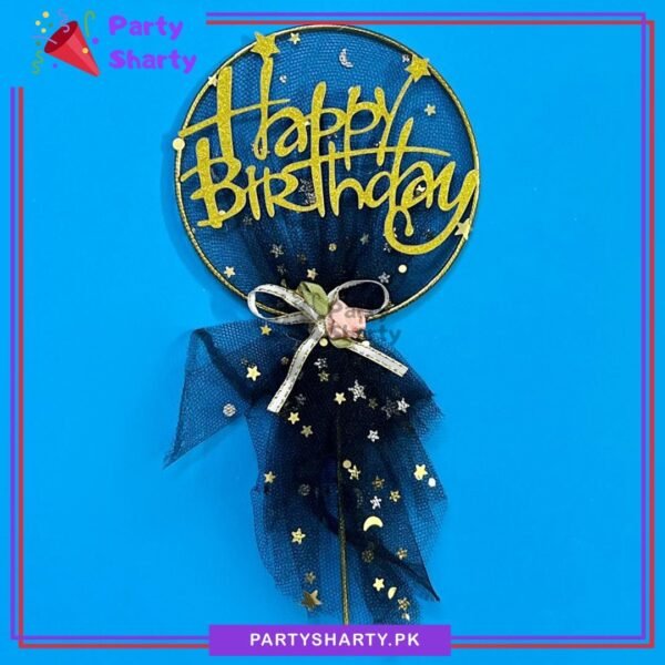 Happy Birthday Metal With Black Net Cake Topper For Birthday Theme Based Cake Celebration