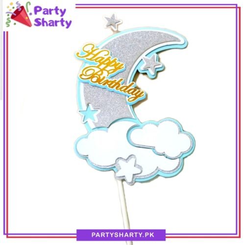 Happy Birthday With Moon, Cloud & Stars Cake Topper For Birthday Theme Based Cake Celebration