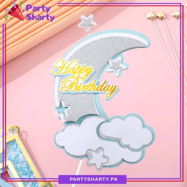 Happy Birthday With Moon, Cloud & Stars Cake Topper For Birthday Theme Based Cake Celebration - Blue
