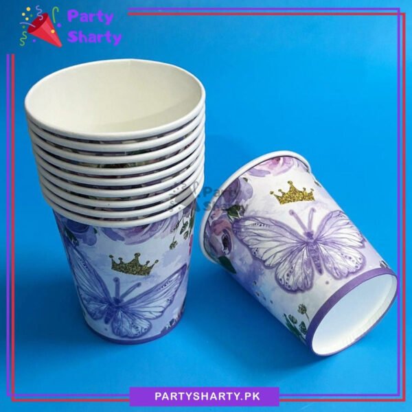 Purple Butterfly Printed Theme Paper Cups Pack of 10 for Butterfly Theme Party Decoration
