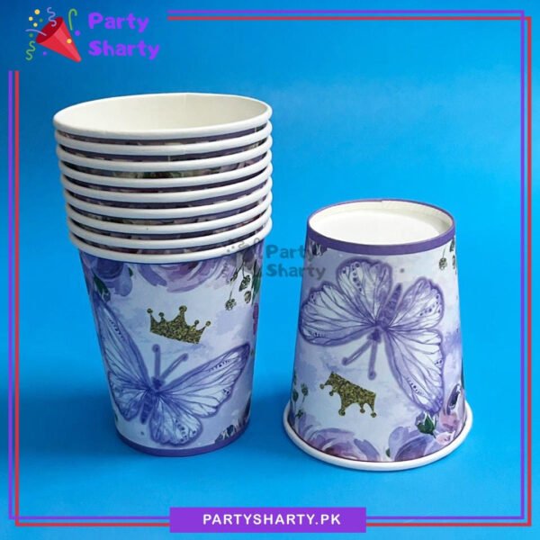 Purple Butterfly Printed Theme Paper Cups Pack of 10 for Butterfly Theme Party Decoration - Purple Base