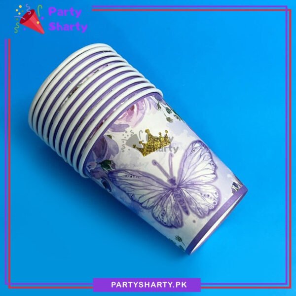 Purple Butterfly Printed Theme Paper Cups Pack of 10 for Butterfly Theme Party Decoration