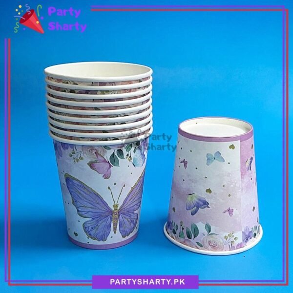 Purple Butterfly Printed Theme Paper Cups Pack of 10 for Butterfly Theme Party Decoration