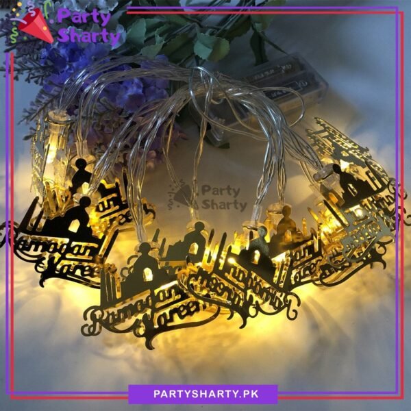 Electric Operated Ramadan Kareem Masjid Shaped Golden Metal LED String Lights For Ramadan Festival and Celebration