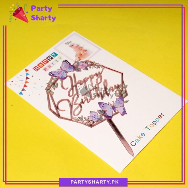 Butterfly Theme Rose Pink Happy Birthday Hexagonal Acrylic Cake Topper For Birthday Cake Decoration