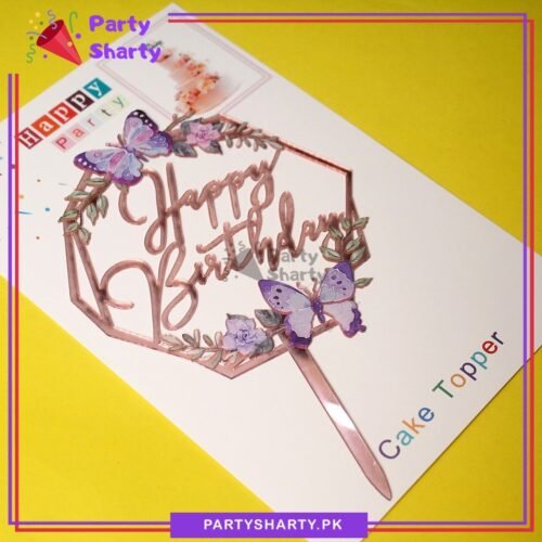 Butterfly Theme Rose Pink Happy Birthday Hexagonal Acrylic Cake Topper For Birthday Cake Decoration