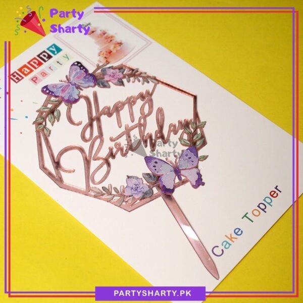 Butterfly Theme Rose Pink Happy Birthday Hexagonal Acrylic Cake Topper For Birthday Cake Decoration