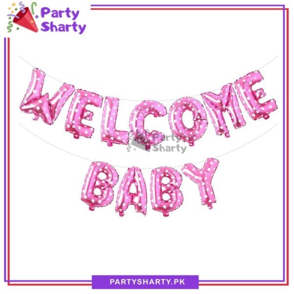 Welcome Baby Letter Foil Balloon With Printed Mini Hearts Banner for Baby Shower, Gender Reveal Event & Decoration - Pink