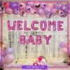 Welcome Baby Letter Foil Balloon With Printed Mini Hearts Banner for Baby Shower, Gender Reveal Event & Decoration
