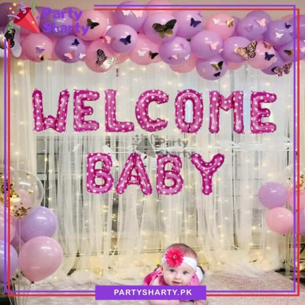 Welcome Baby Letter Foil Balloon With Printed Mini Hearts Banner for Baby Shower, Gender Reveal Event & Decoration