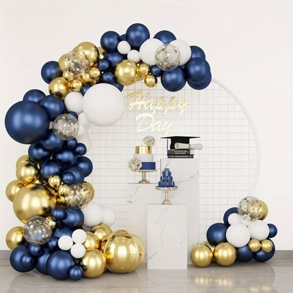 100pcs Navy Blue, Baby Blue & Metallic Golden Balloons Garland Arch Kit For Party Event Decoration
