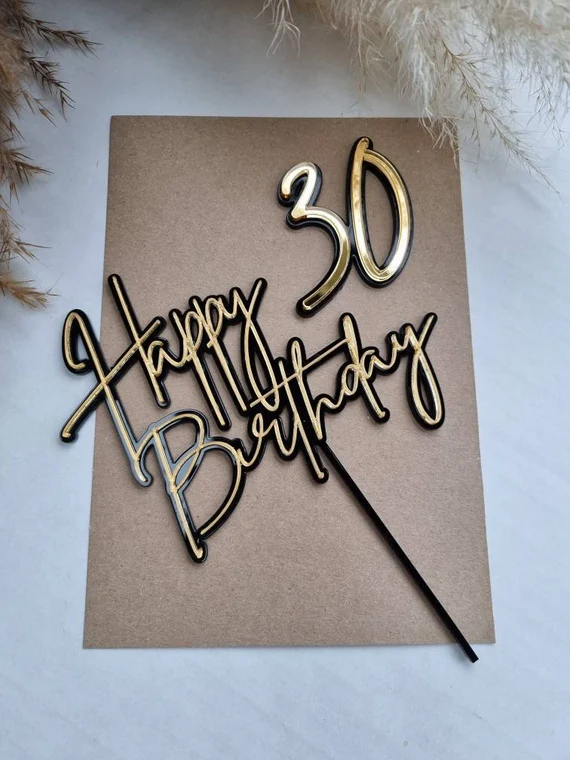 Golden & Black Happy Birthday Double Layer Acrylic Cake Topper for Birthday Celebration